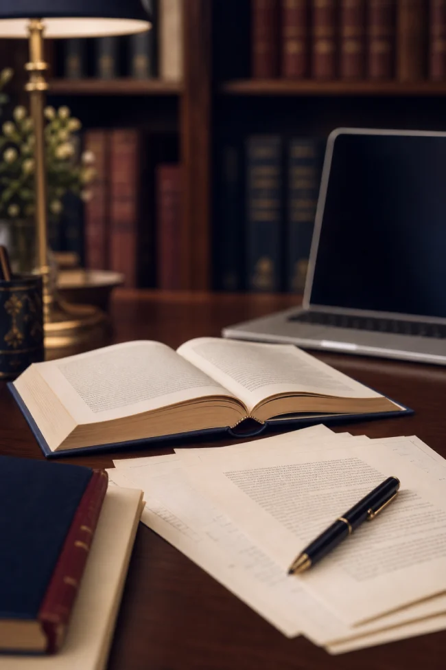 Manuscript pages and published book on a writing desk